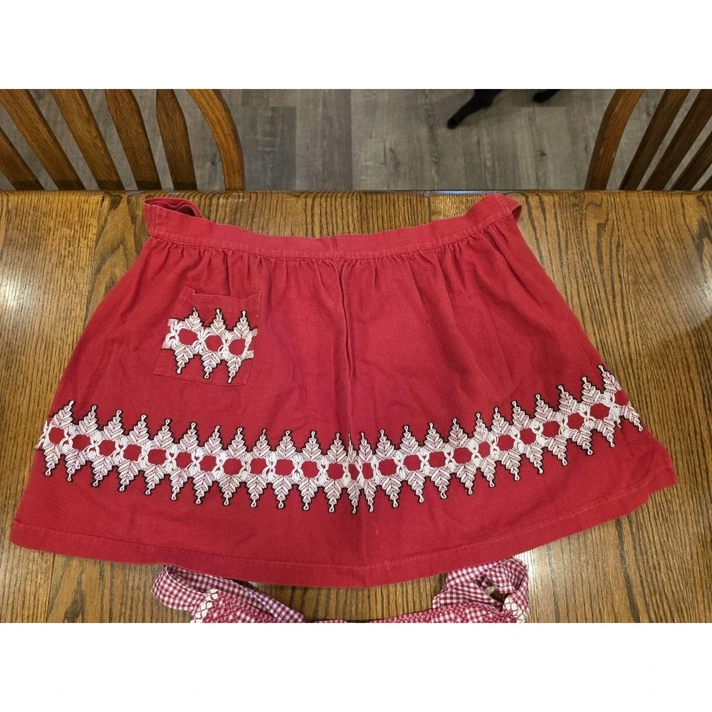2 Vintage Half Aprons Homemade Red White Pocket Cottagecore Farmhouse Embroidery